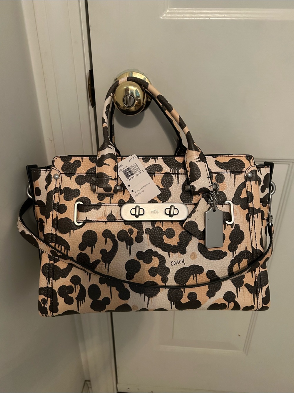 Coach Pink and Black Leopard-Print Satchel with Turnlock